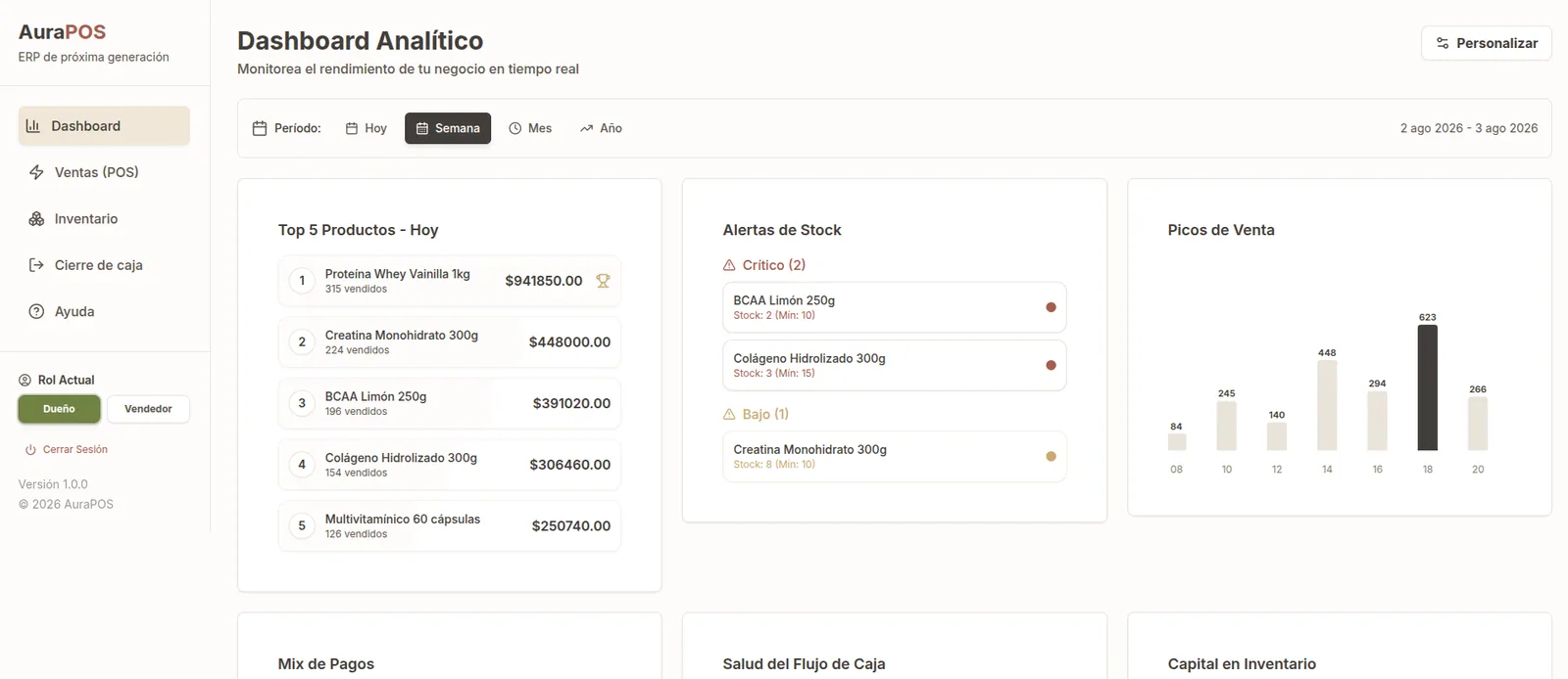Dashboard analítico de AuraPOS con resumen de ventas, alertas de stock y gráficos del negocio.